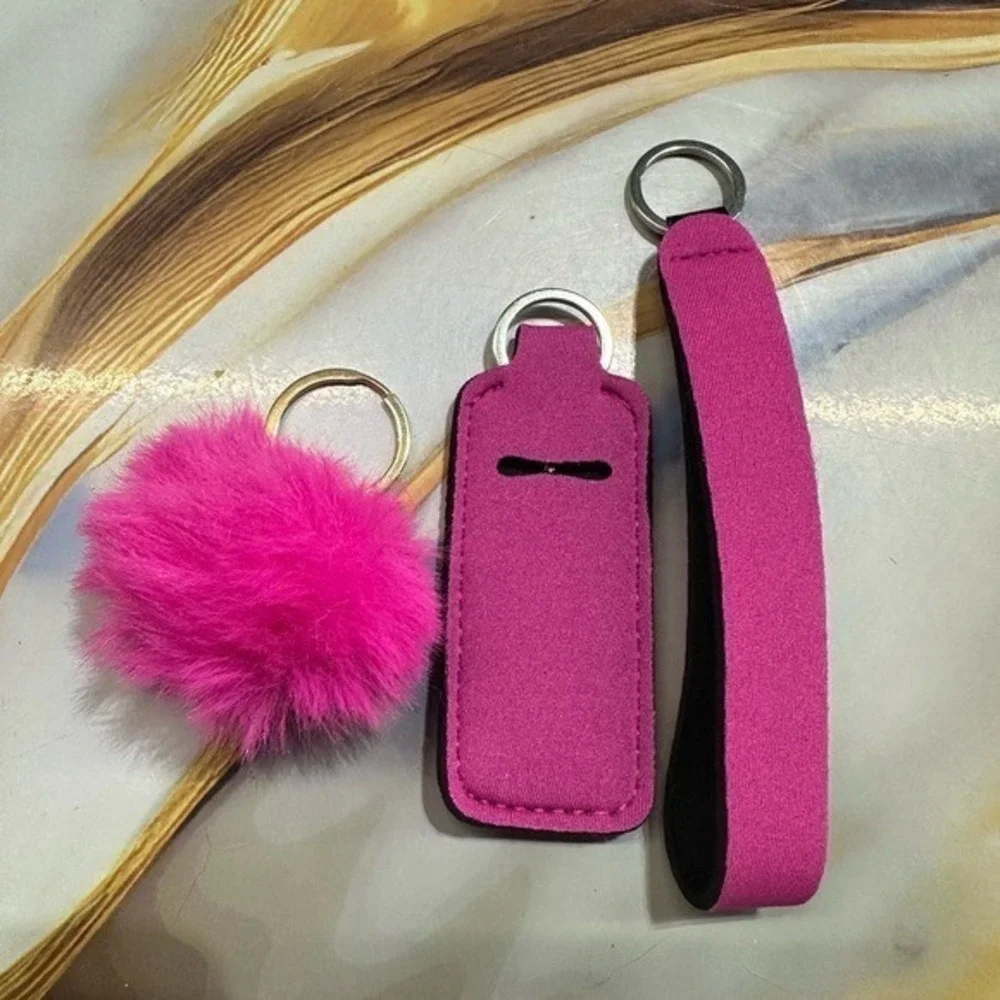 NEW keychain set lip balm holder & wristlet (5 inches)‎ & pom pom